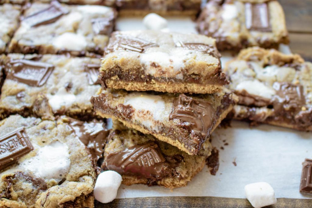 S'mores cookie bars cut, three stacked