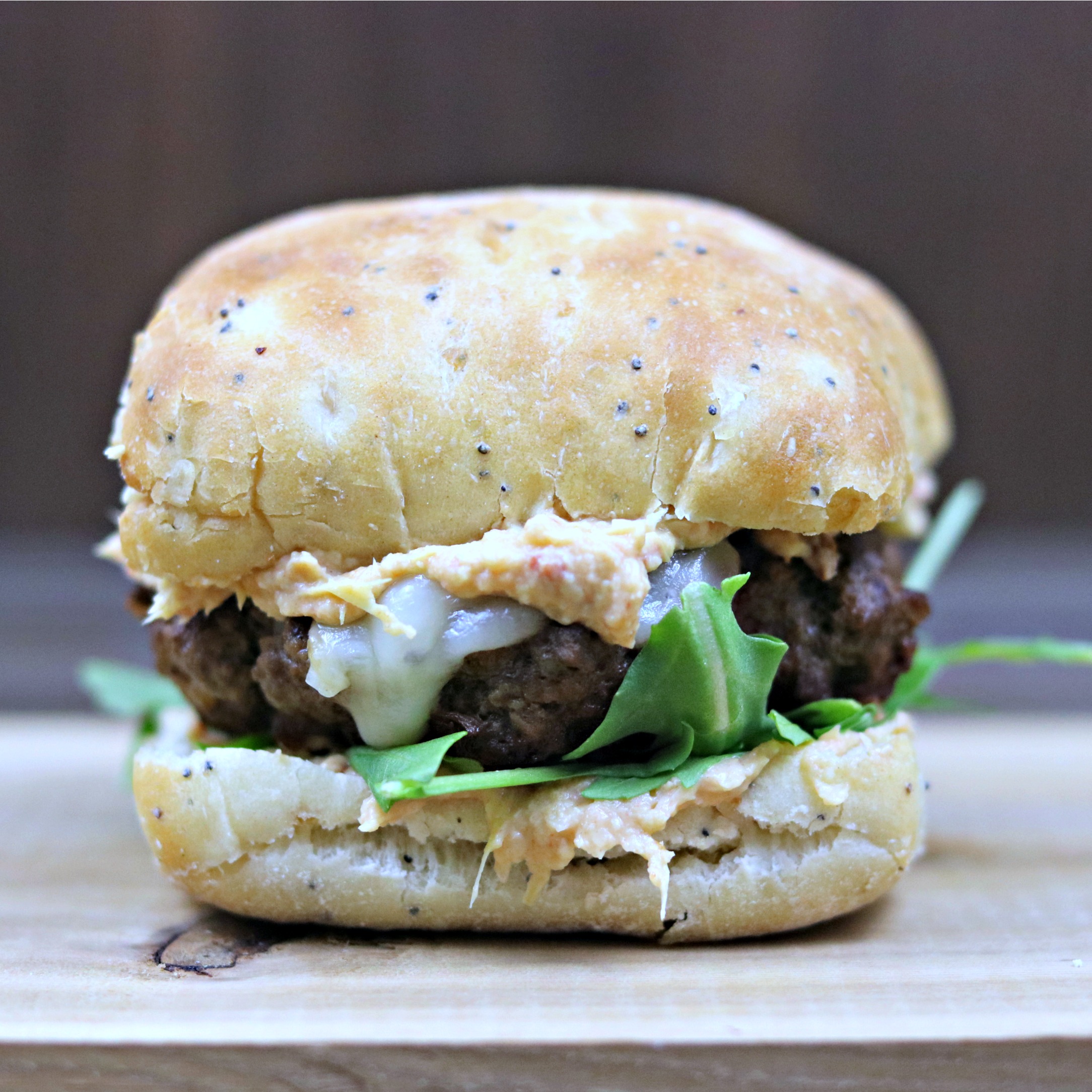 Brie Burger with Sun Dried Tomato & Artichoke Spread Sweet Beginnings