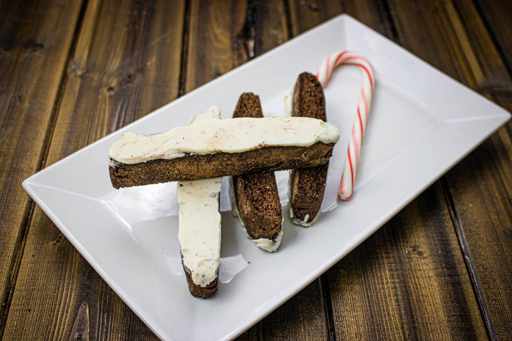 Chocolate Peppermint Biscotti with candy cane