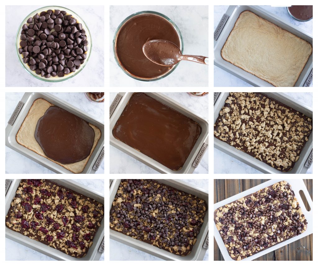 Chocolate Raspberry Crumb Bars Filling and Topping Process Shots
