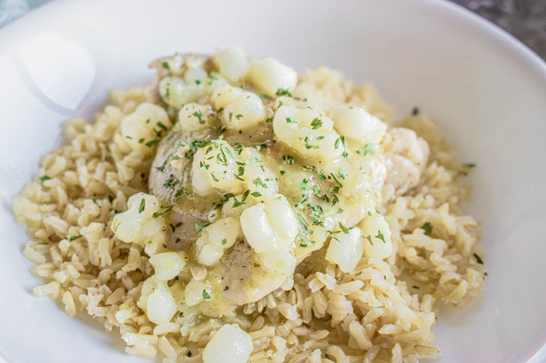 Braised Chicken Thighs in VerdeHominy Sauce Sweet Beginnings Blog