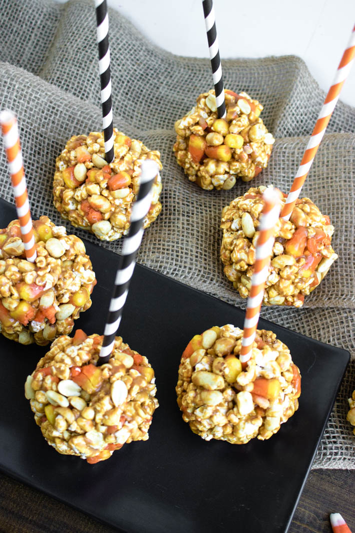 Candy Corn Popcorn Balls HalloweenTreatsWeek Sweet Beginnings Blog