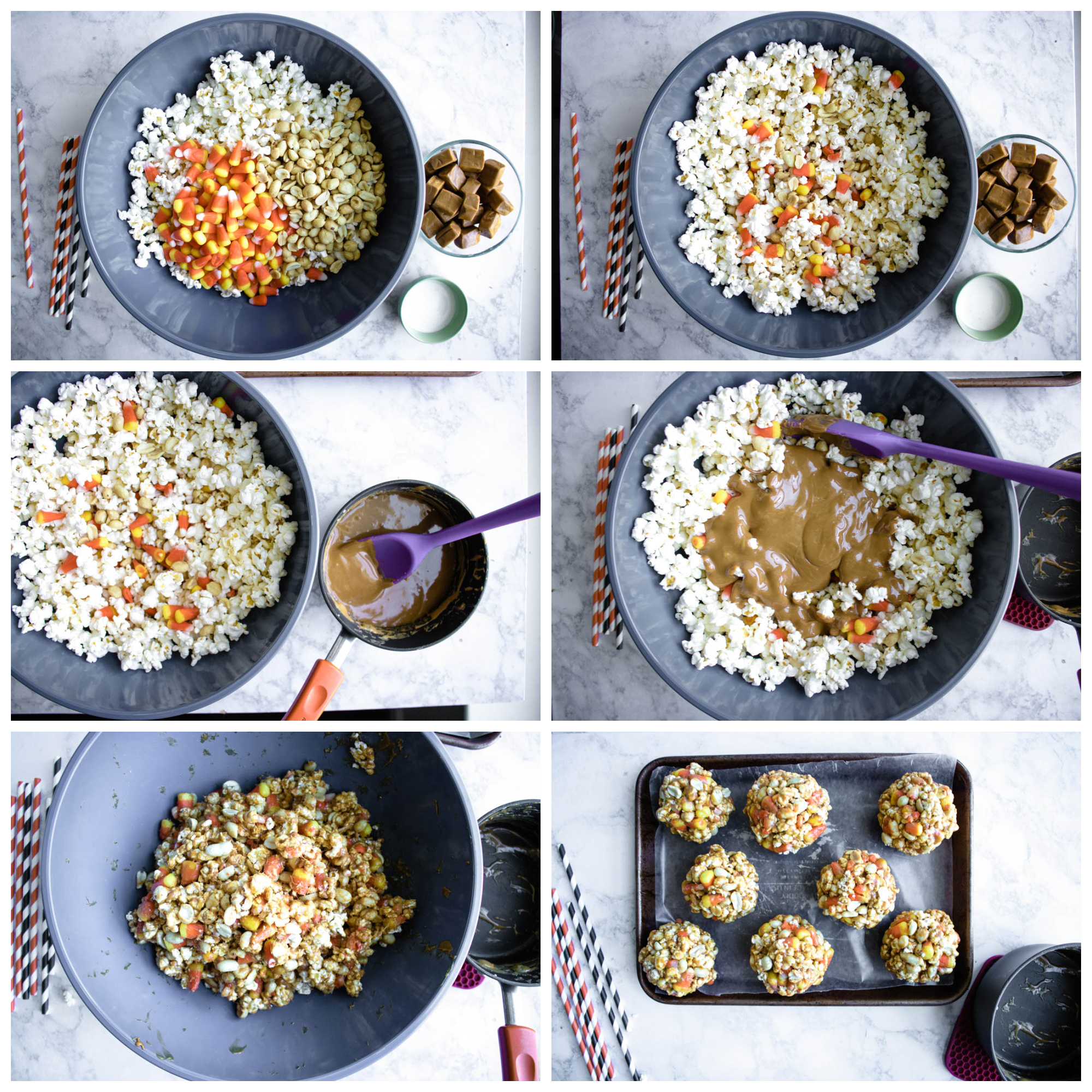 Candy Corn Popcorn Balls HalloweenTreatsWeek Sweet Beginnings Blog